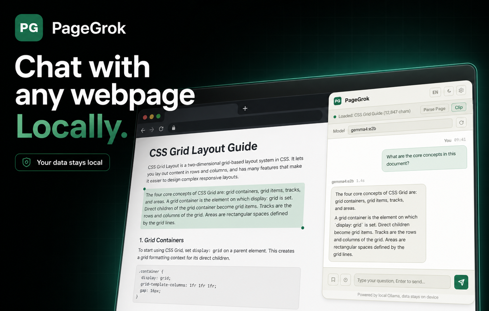 PageGrok chatting with a selected section of a webpage using a local AI side panel